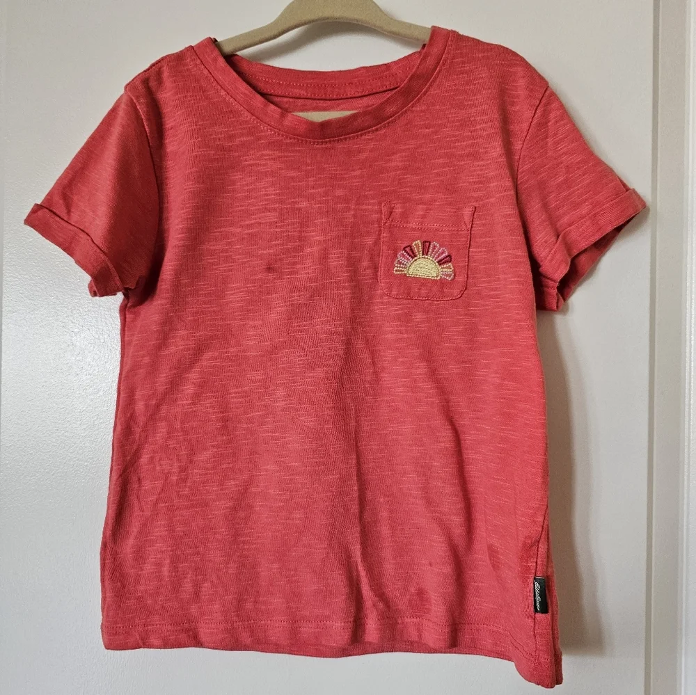 xs 5/6 Eddie Bauer orange red tshirt cuffed sleeves chest pocket embroidered sun